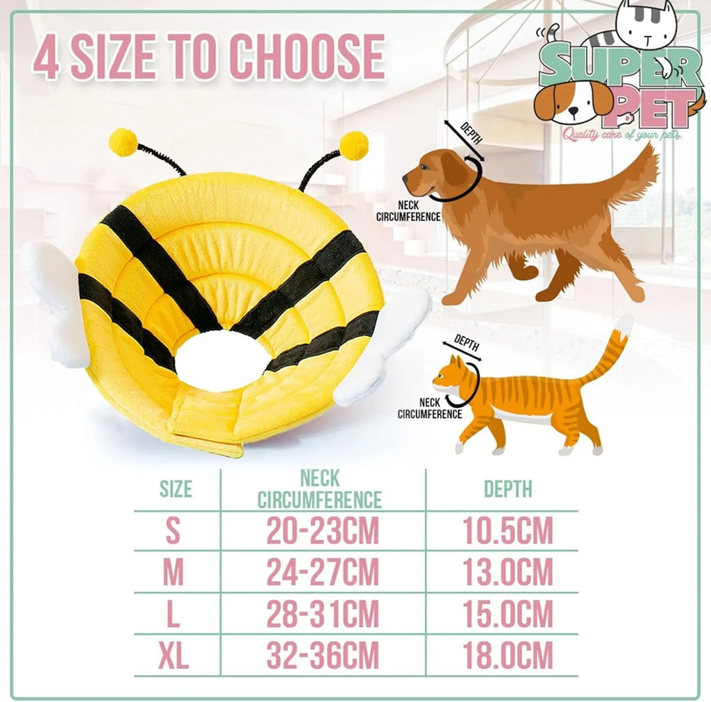 Soft white cat cone collar with black and yellow bee design, showing Velcro closure and approximate 20cm diameter