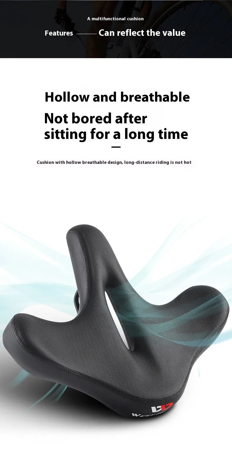 Black bicycle seat cushion with 3cm polyurethane foam padding for shock absorption on mountain bikes