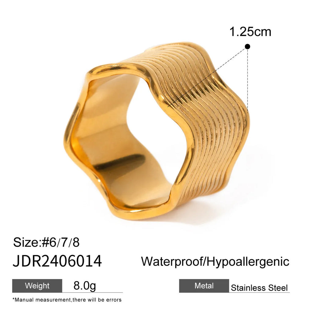 Stainless steel geometric wave pattern ring with 1.2 cm wide surface and electroplated finish