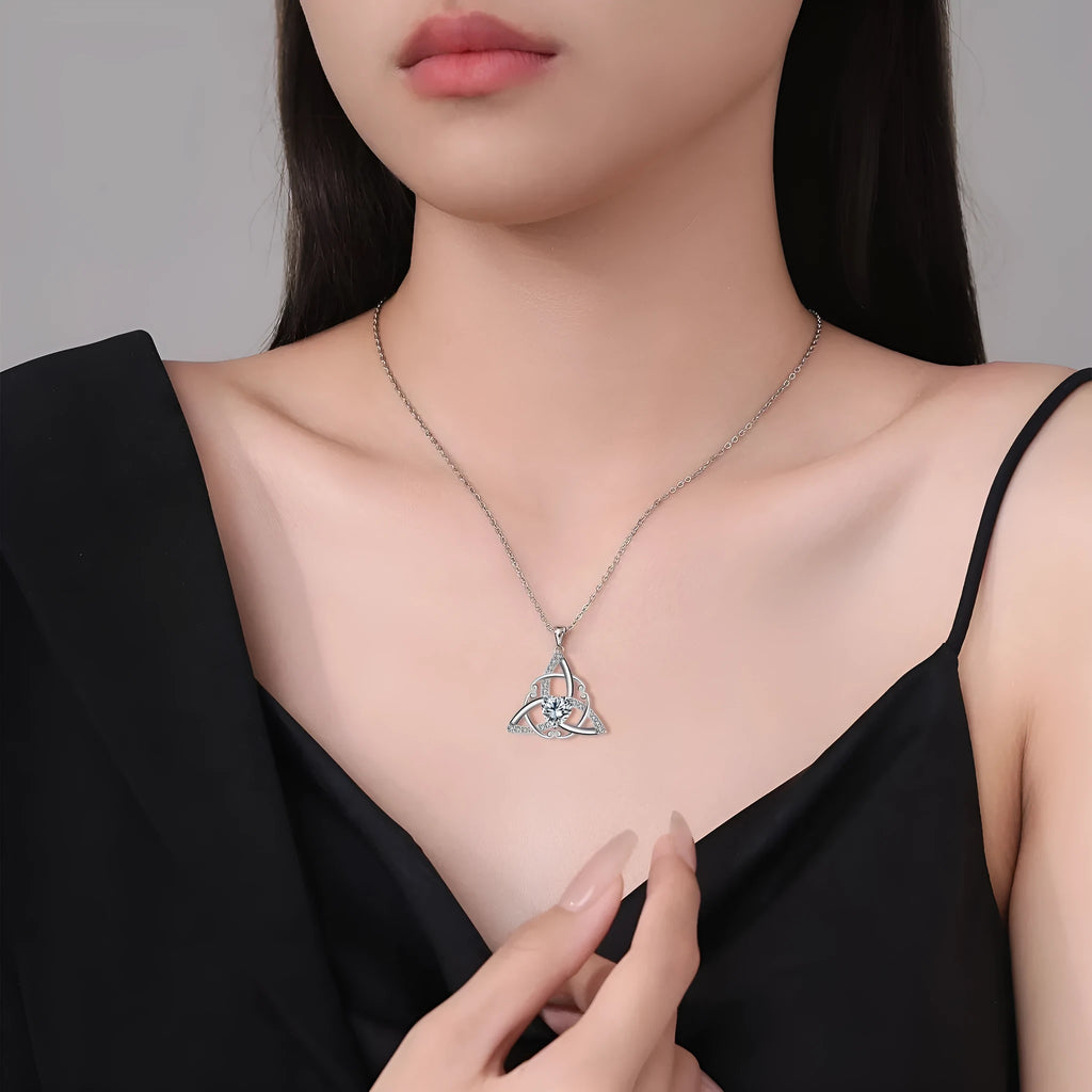 A geometry-shaped Celtic knot pendant necklace for women in an electroplated copper finish.