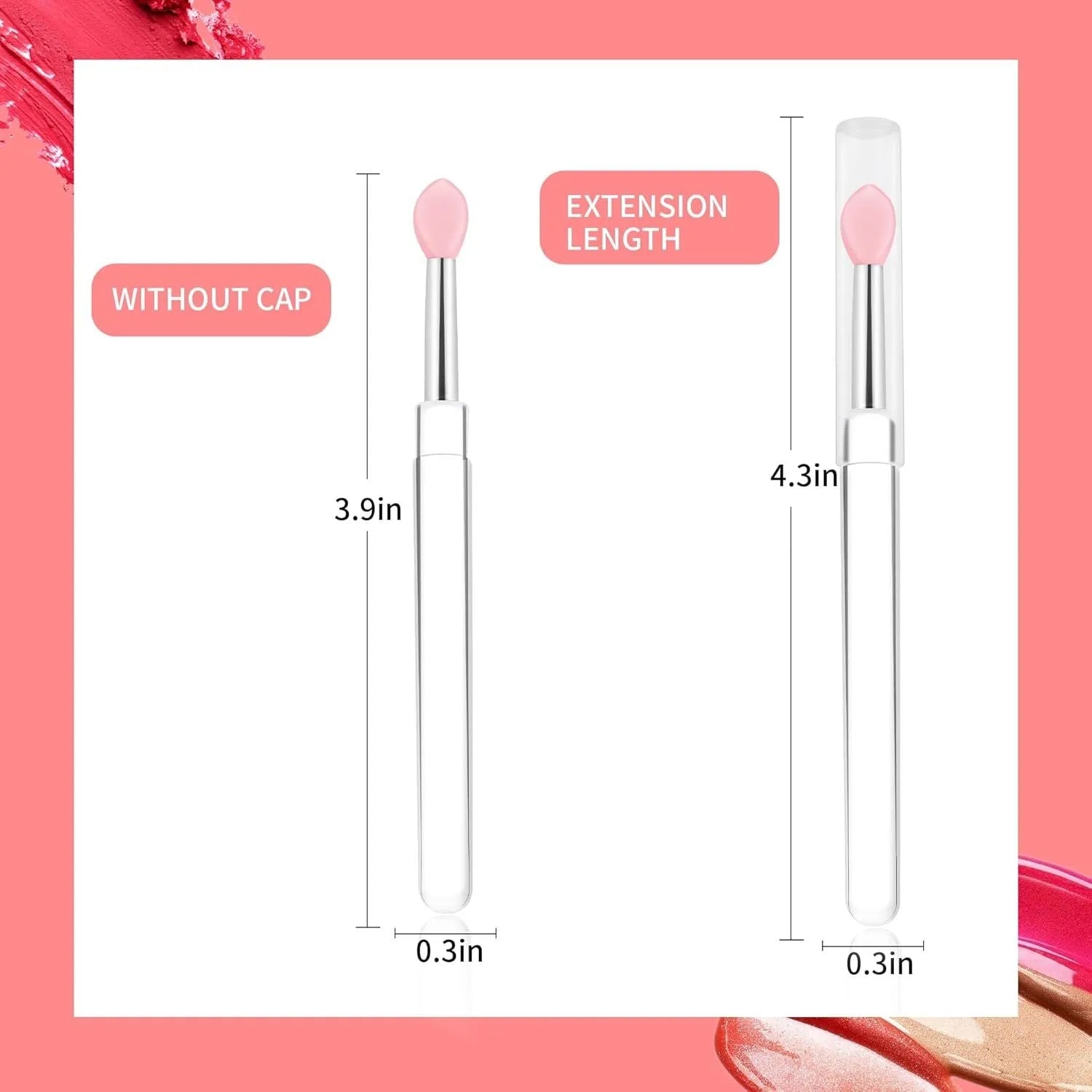 Set of reusable silicone lip brushes with caps in eight different colours on a white background.