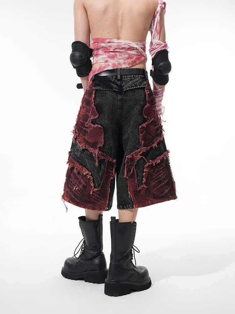 Women's distressed denim wide leg cropped trousers with mid-high waist and brushed stitching