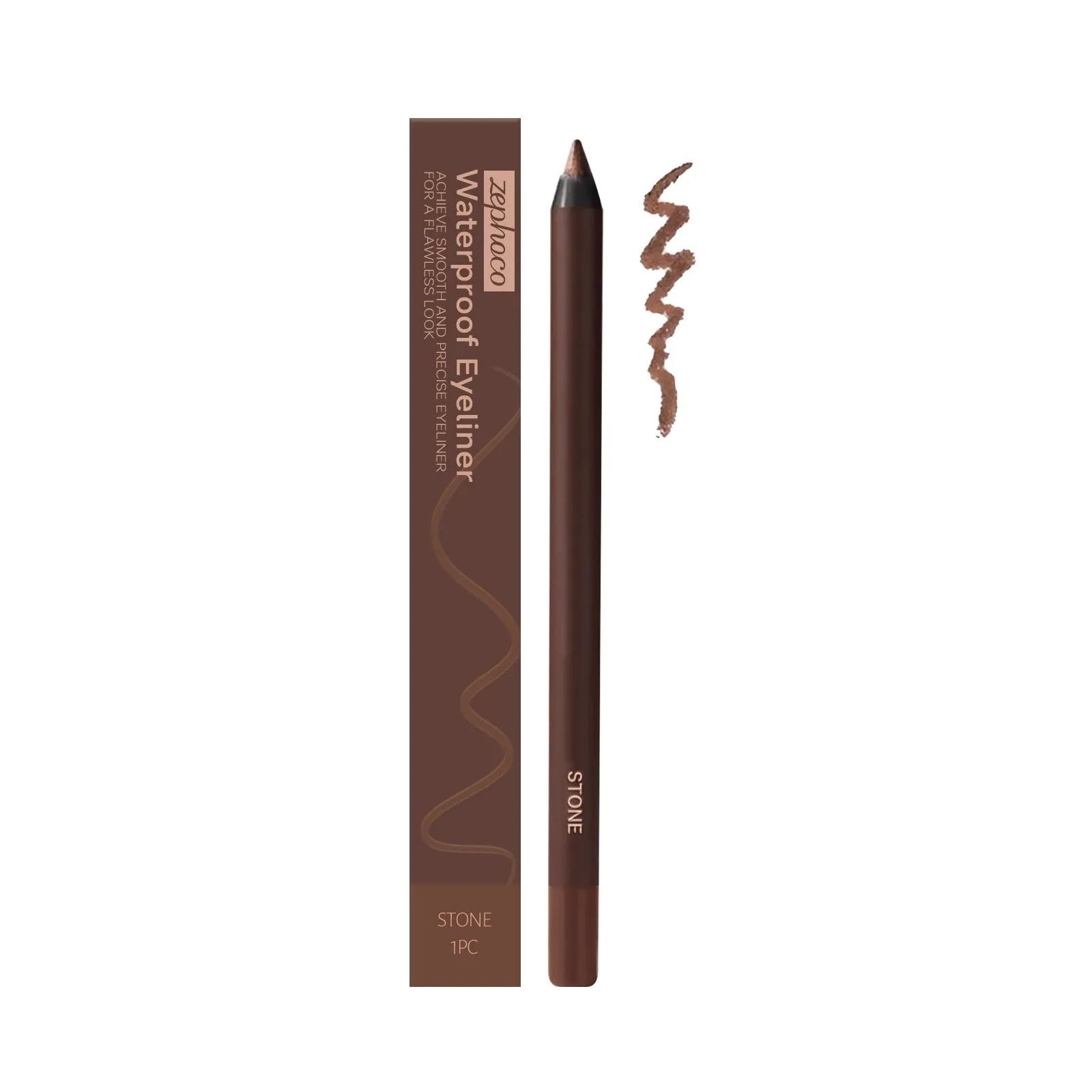 Waterproof liquid eyeliner pen in seven colour options on a white background.