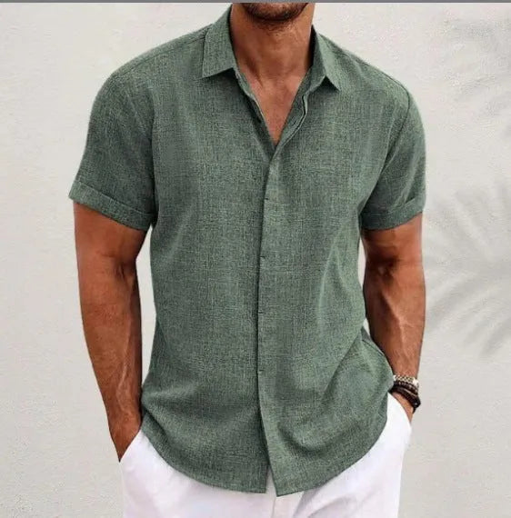 Men's light grey lapel cardigan with long sleeves and a loose cotton blend fit.