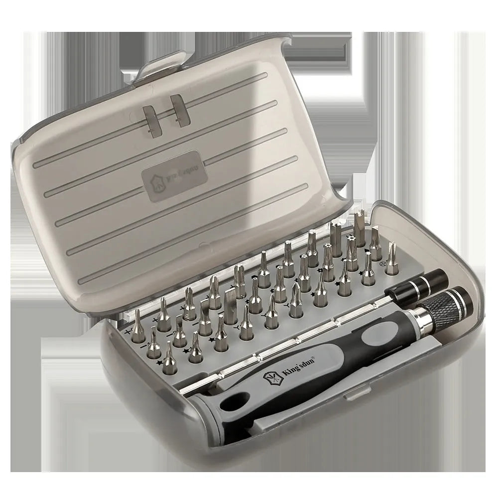 32-in-1 screwdriver set with multiple bits organised in a black plastic case.
