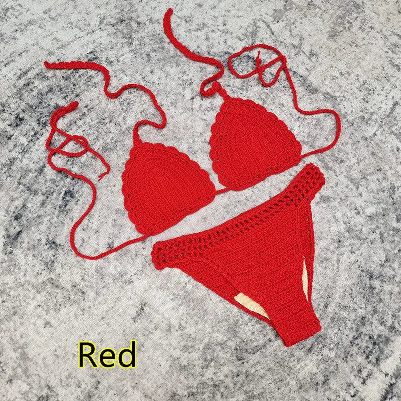 Handmade crochet bikini set with matching beach skirt in blue colour, showing three separate pieces