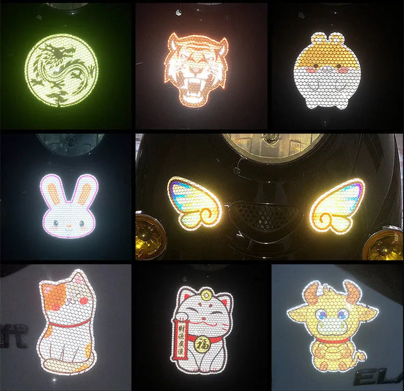 Pair of reflective warning stickers with diamond film, measuring 9cm by 5cm, showing Dragon Totem design for vehicle application
