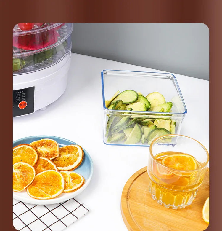 Five-layer food dehydrator with mesh drying trays and temperature control dial for home food preservation
