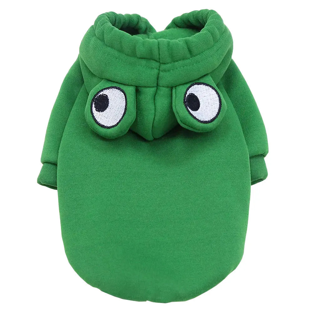 Green frog pattern hoodie on small dog showing four-legged design with hood
