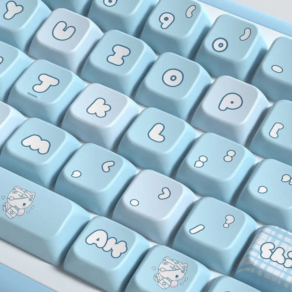 Watercolour kitten custom keycap set with sublimation printing on PTB plastic, showing 138 or 158 keys with opaque legends