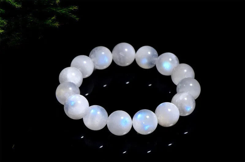 Natural blue moonlight round bead bracelet in white with polished moonstone beads, showing geometry shape and size range from 5 to 10mm