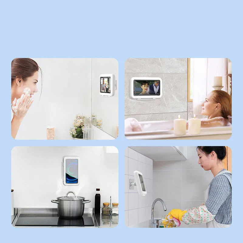 White waterproof bathroom phone holder mounted on tile with phone visible through anti-fog window