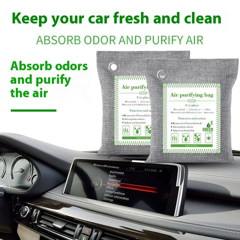 Bamboo charcoal bags in sewing styles for formaldehyde removal, with 100g, 200g, and 500g weights on a breathable fabric.