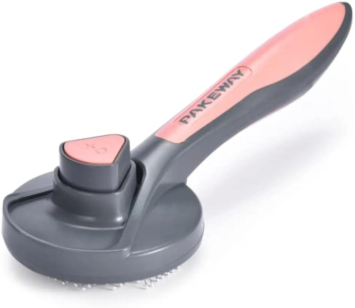 Self-cleaning slicker brush for cats and dogs in grey, green, or pink with massage bristles and comfort-grip handle