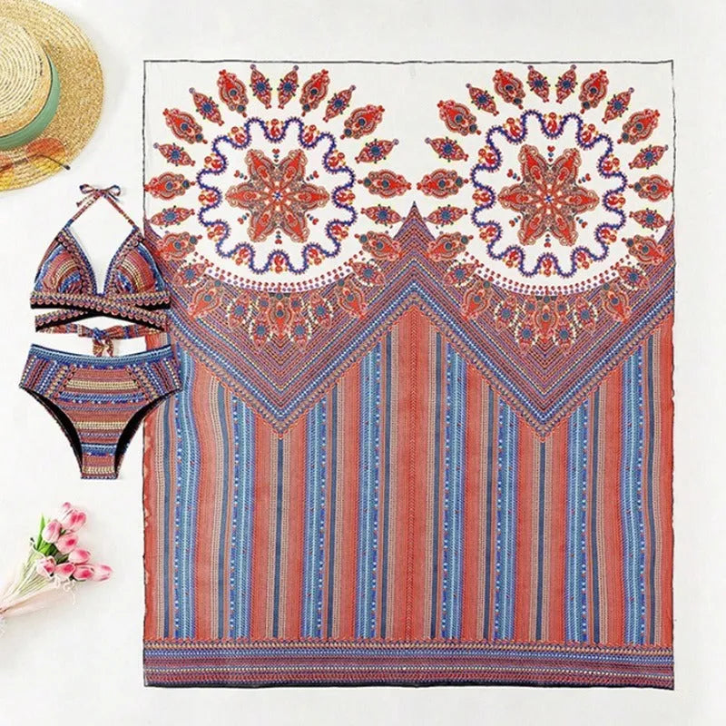 Women's three-piece swimsuit set with cutout blouse, high-waist pants, and coordinating coat in polyester fabric