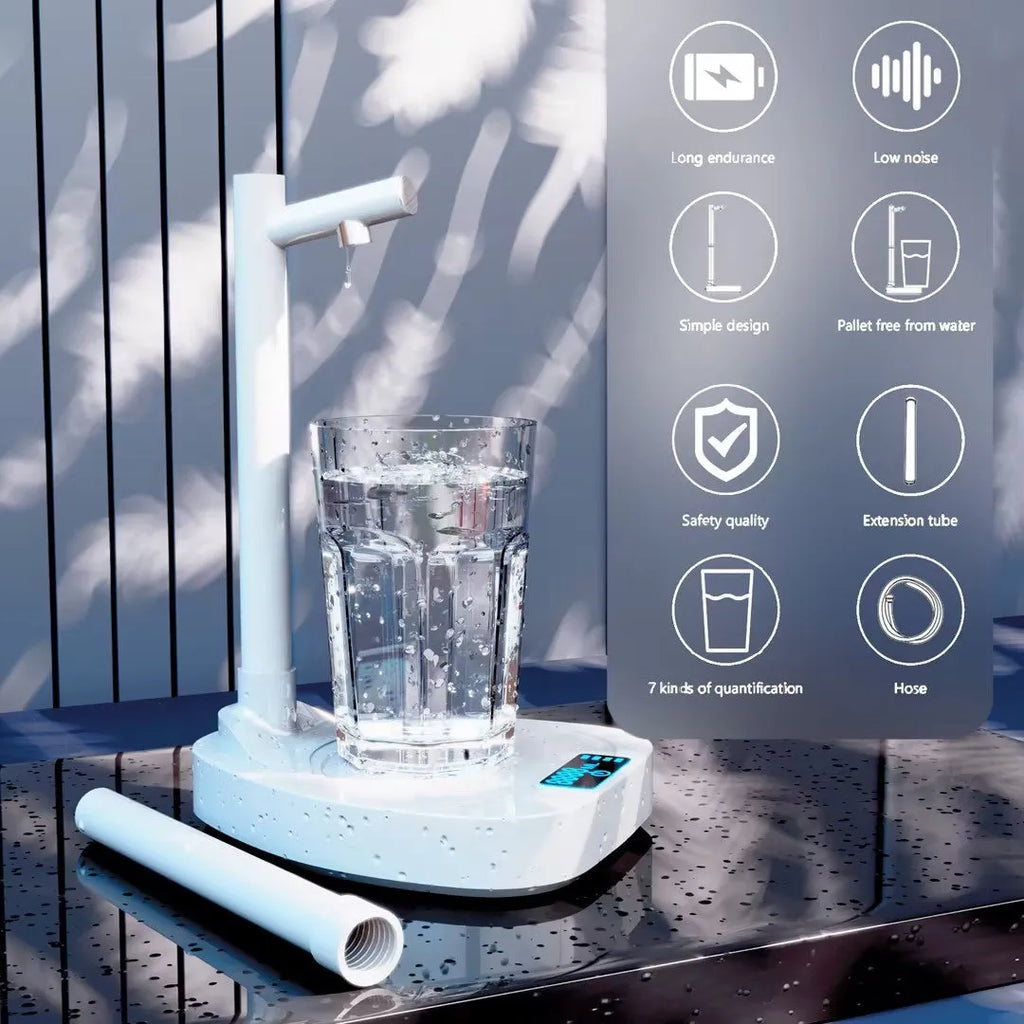 White and blue desktop water dispenser with extension tube on counter next to water bottle