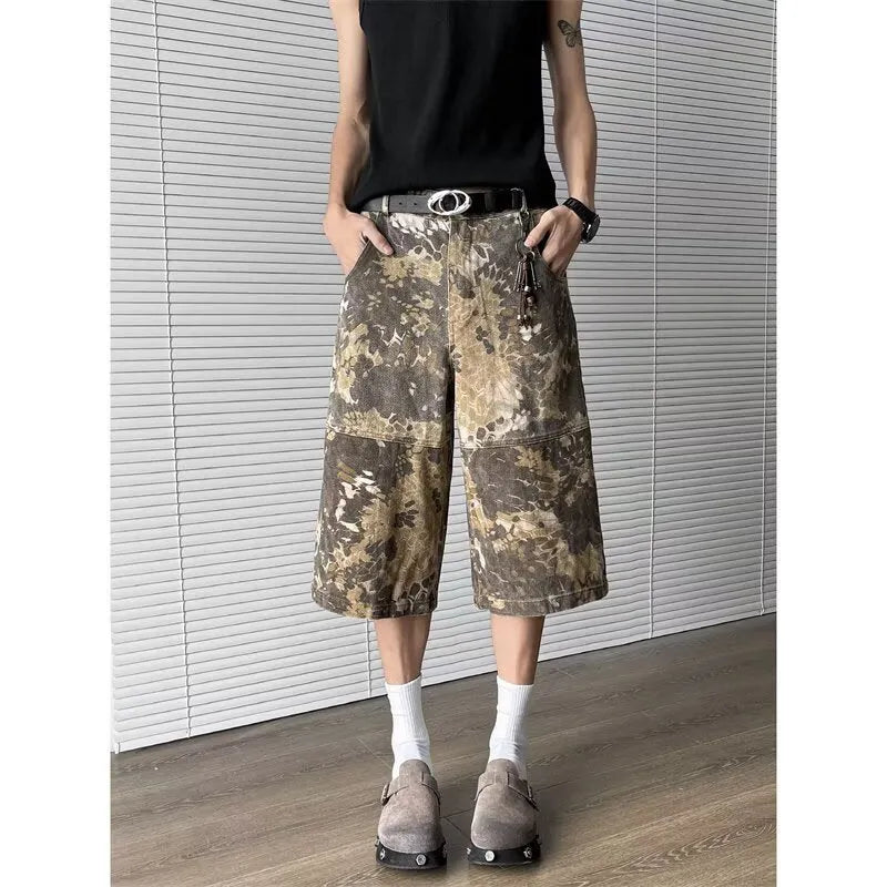 Yellow snake pattern camouflage cropped denim jeans on size chart showing S to 3XL options