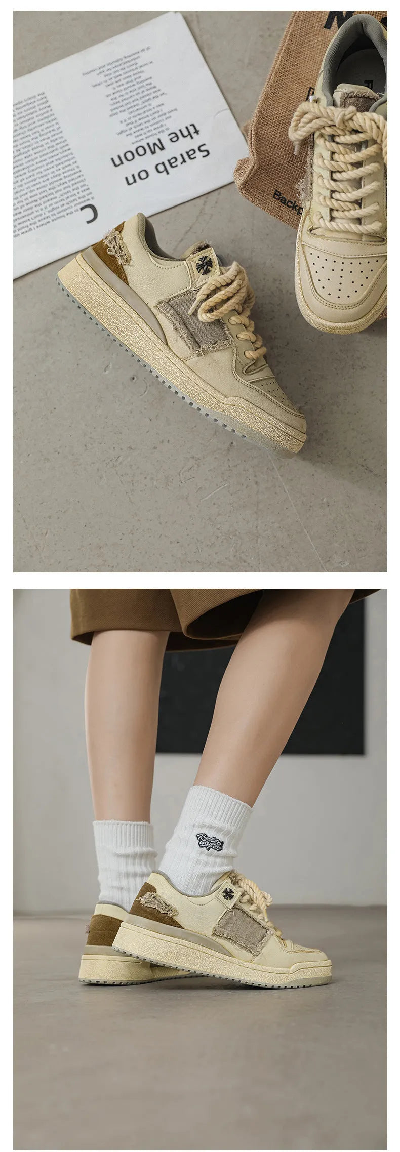 Beige low-top skateboard shoes with microfiber uppers, round toe, and lace-up closure on solid background