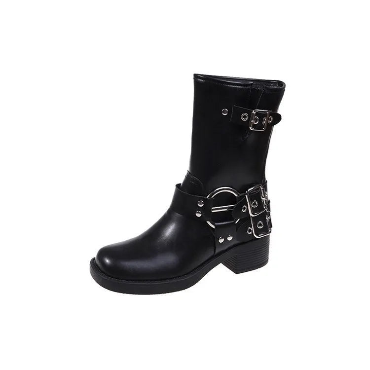 Women's platform mid-calf boots with chunky sole and belt buckle detail in black/brown