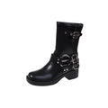 Women's platform mid-calf boots with chunky sole and belt buckle detail in black/brown