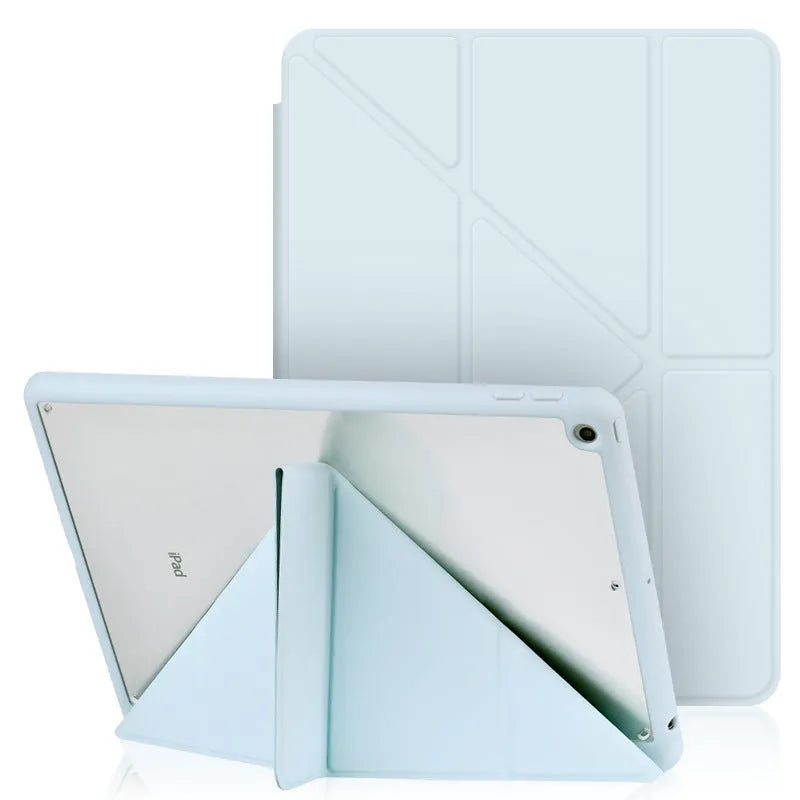iPad acrylic Y folding protective case with pen slot in imitation leather, showing bracket function