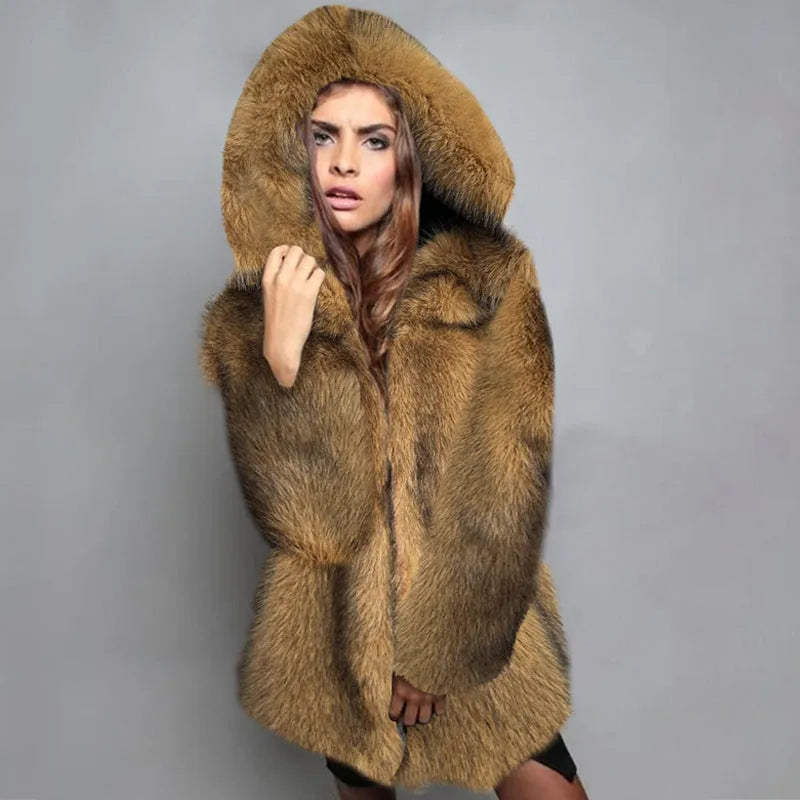 Silver grey artificial fur coat with 65cm length and regular sleeves, displayed on a model.