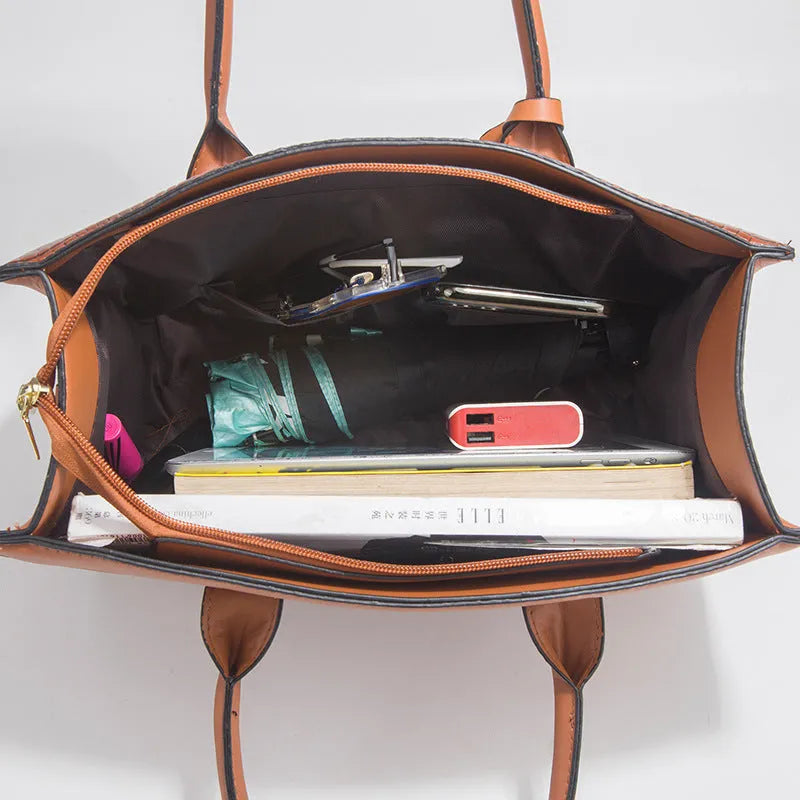 Women's three-piece PU handbag set with crocodile pattern in horizontal square shape.