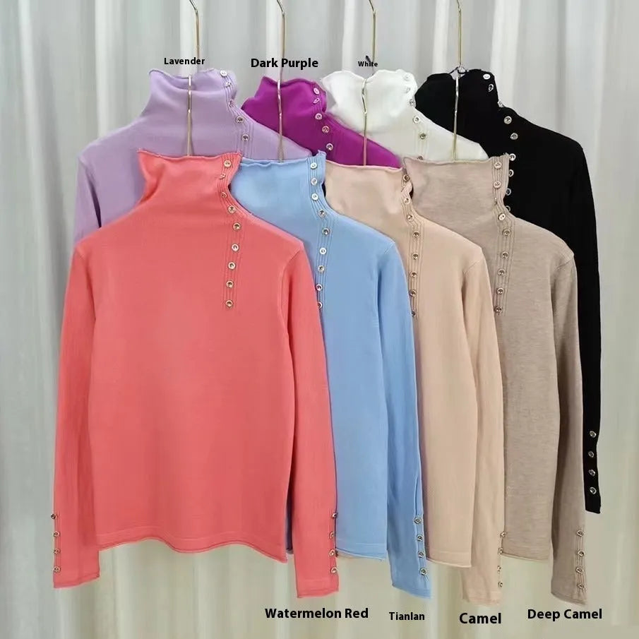 Slim fit knitted bottoming shirt with 3D pattern in light camel colour, showing 40cm length and regular sleeve design