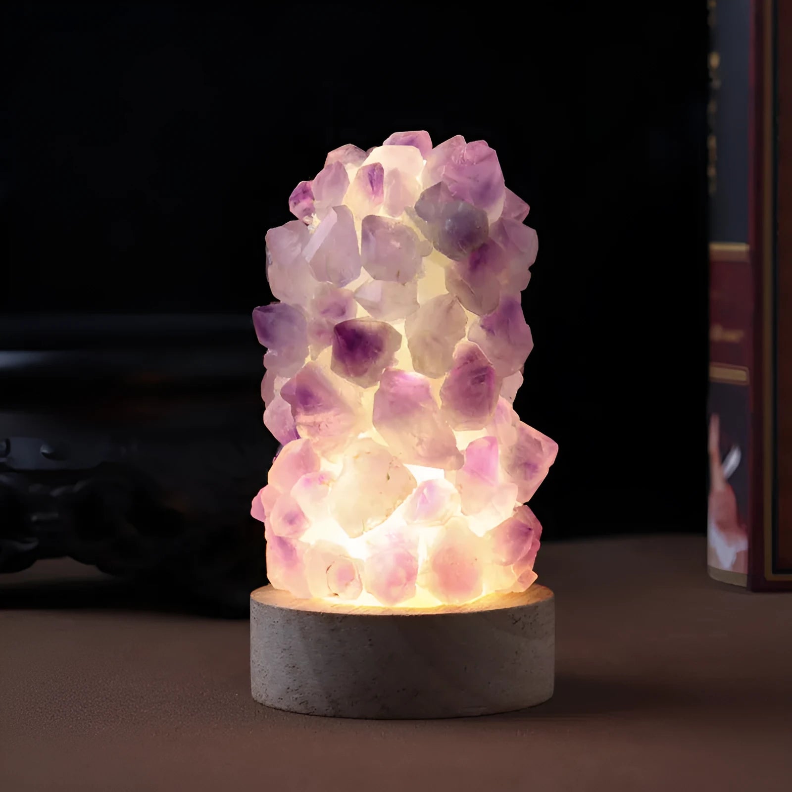 Mini amethyst crystal night light with USB cable, showing natural purple colour and crystalline tooth flower structure.