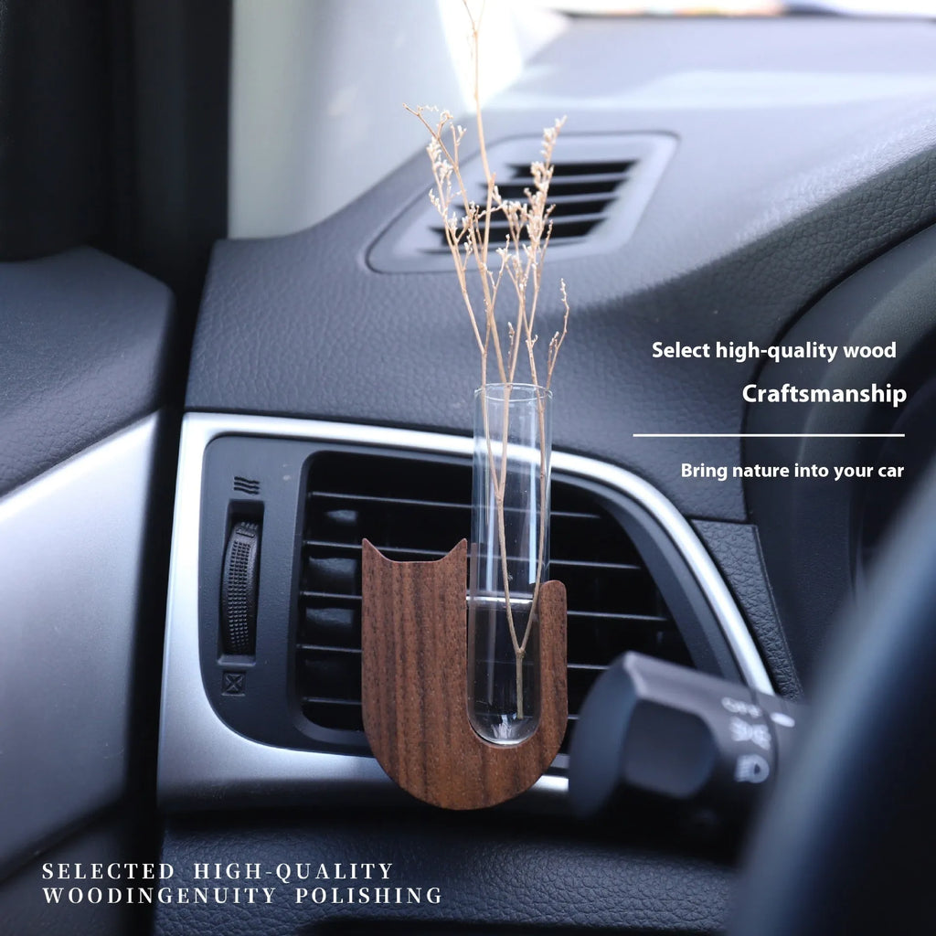 Wooden cat car vent vase in black walnut or beech with magnet or clip fitting for centre console decoration