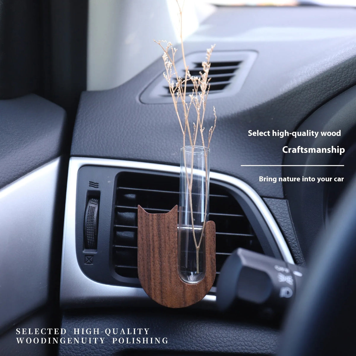 Wooden cat car vent vase in black walnut or beech with magnet or clip fitting for centre console decoration