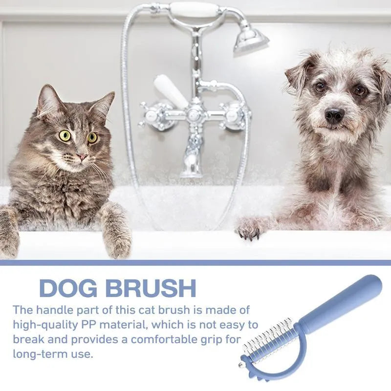 Blue dinosaur-shaped cat brush with stainless steel bristles for grooming and self-cleaning function
