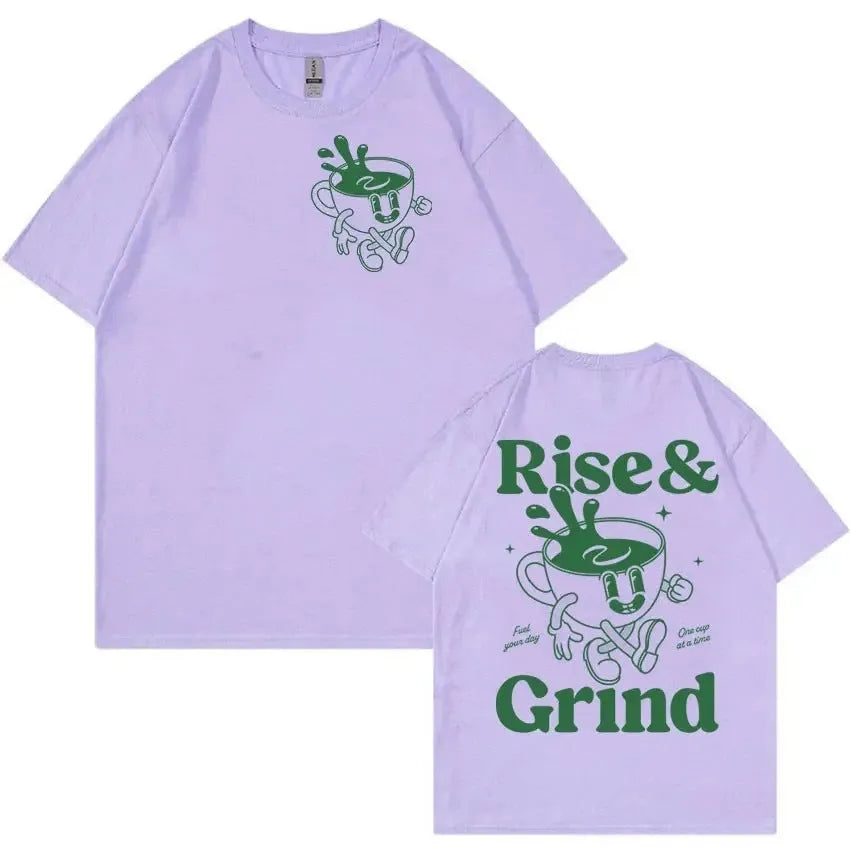 Rise And Grind Green Coffee cartoon graphic on a loose-fit linen t-shirt in multiple colours