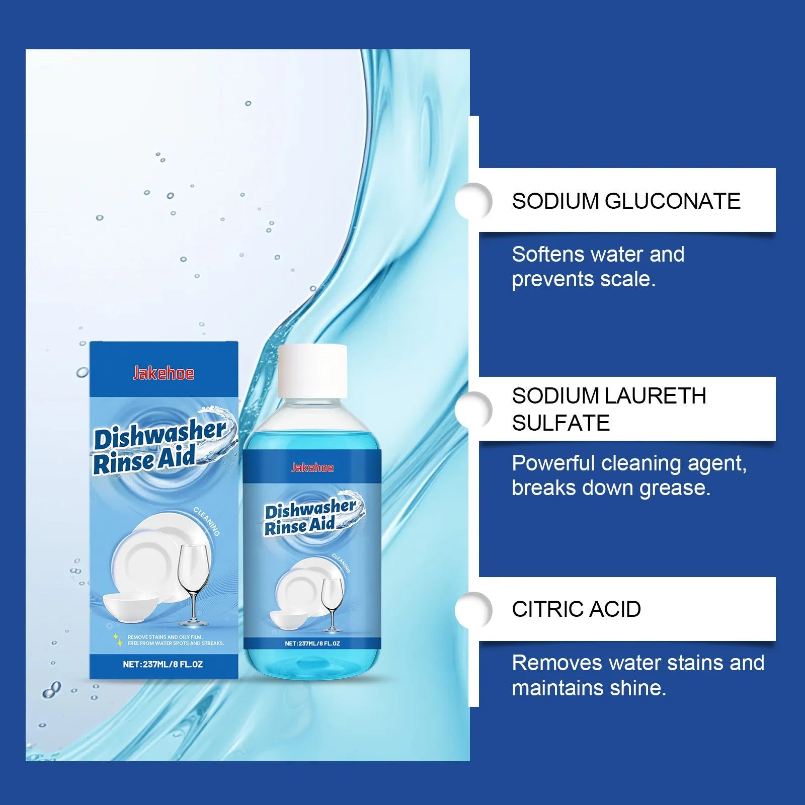237mL dishwasher detergent aid in 5.8x12.8cm bottle for household dishwasher cleaning
