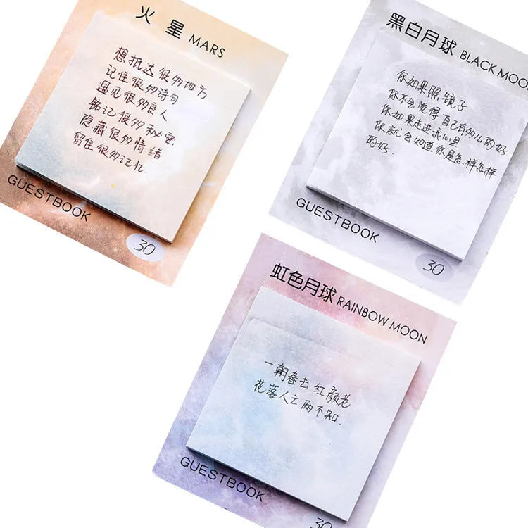 Square 7.3cm planet sticky notes pad with 30 sheets showing oil painting designs of Earth, Mars, and other planets