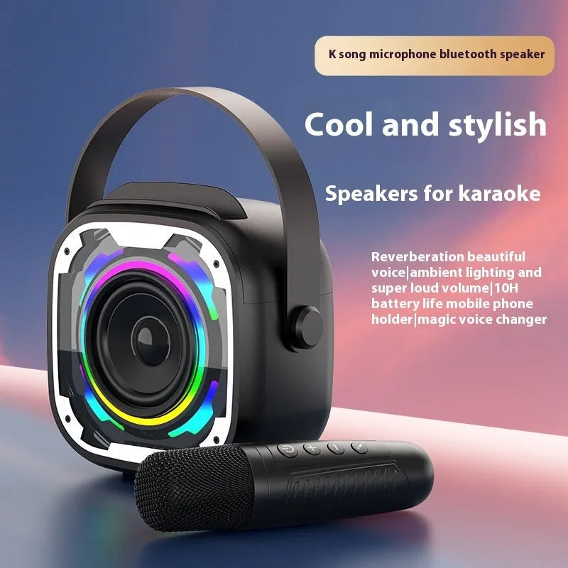 Portable wireless Bluetooth karaoke speaker in V11 Black colour with integrated microphone.