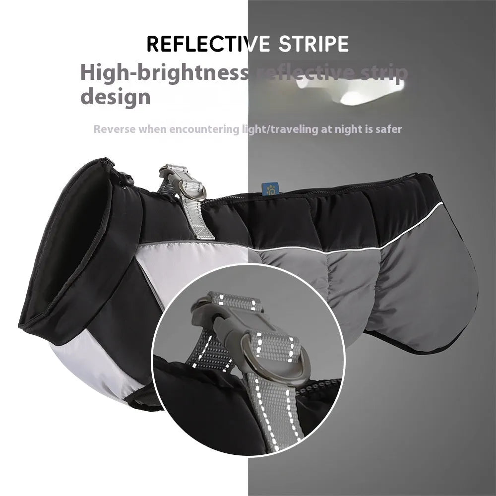 Large dog waterproof winter coat with reflective strips in polar fleece, available in multiple sizes and colours
