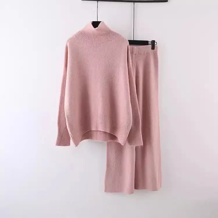 Women's acrylic fibre two-piece set with sweater and wide-leg trousers in solid colour for office commuting