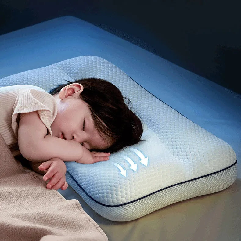 Children's partition neck pillow with silk floss filler showing cold and warm antibacterial sides for spine protection
