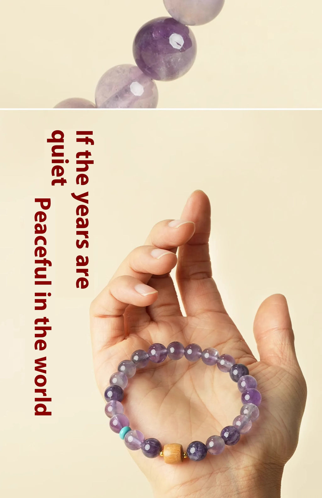 Natural purple amethyst crystal bracelet shown in 6mm and 8mm bead size options.