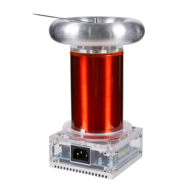 Music Tesla coil driver board chassis with connections for power, audio, and controller, showing dimensions 100x115x205mm.