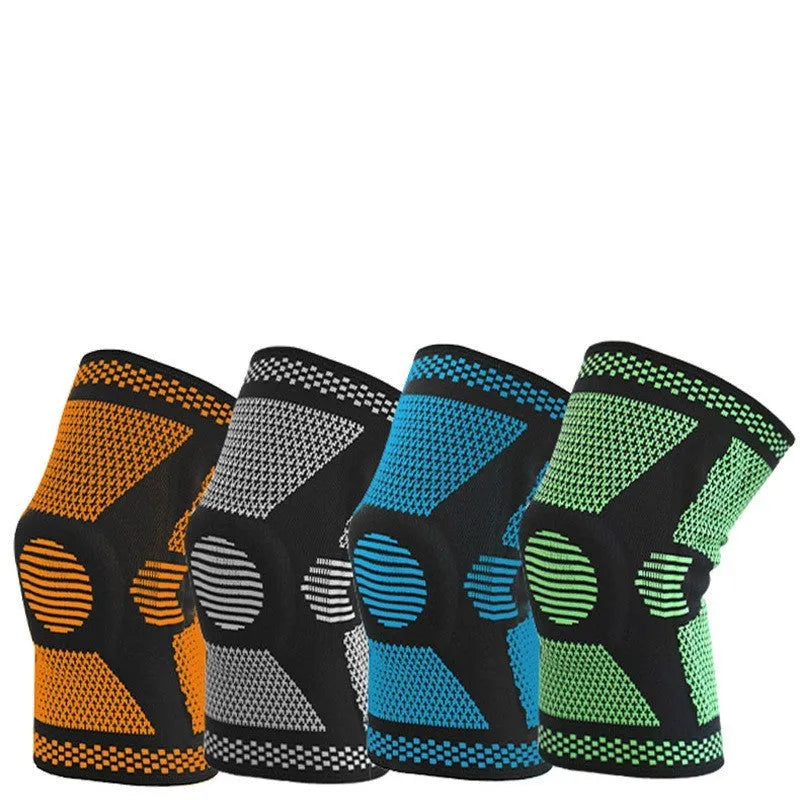 Polyamide sports knee pads with silicone spring padding in blue, green, orange, or white colours