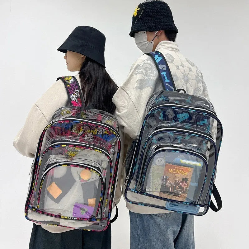 Transparent PVC waterproof backpack with a coloured inner voile bag, showing dimensions of 30cm by 16cm by 44cm.