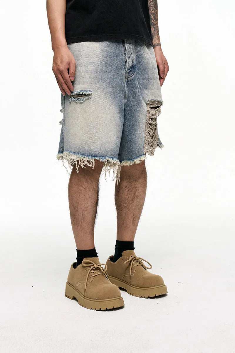 Light blue retro washed men's baggy denim shorts with mid-waist and wide-leg fit