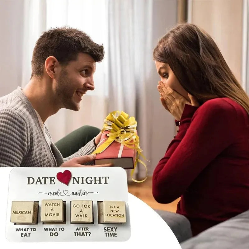 Wooden date night dice set with five dice, date planner board, and black storage bag