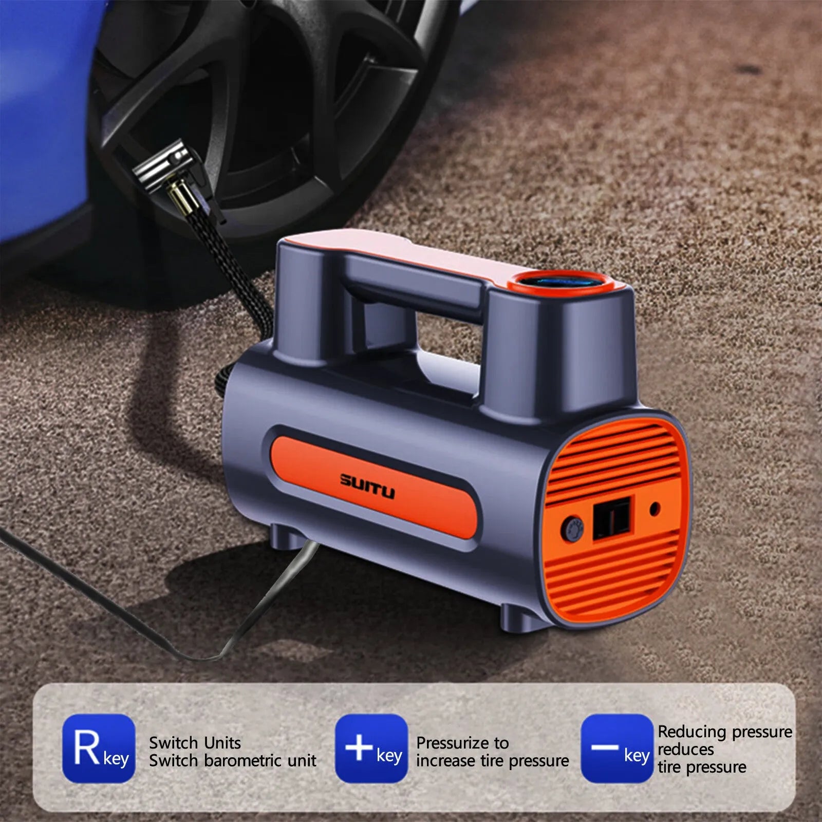 Black portable tyre inflator with digital LCD screen, USB charging port, and built-in battery.
