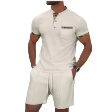 Men's grey waffle texture short sleeve suit with polo collar and matching shorts on hanger