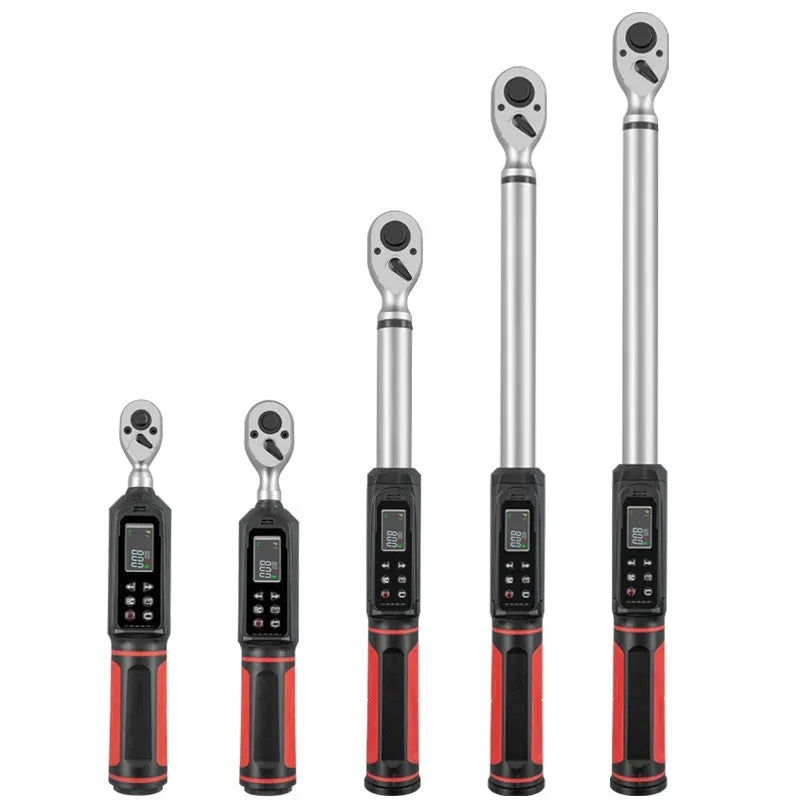Electronic digital display torque wrench showing torque measurement with triple warning indicators