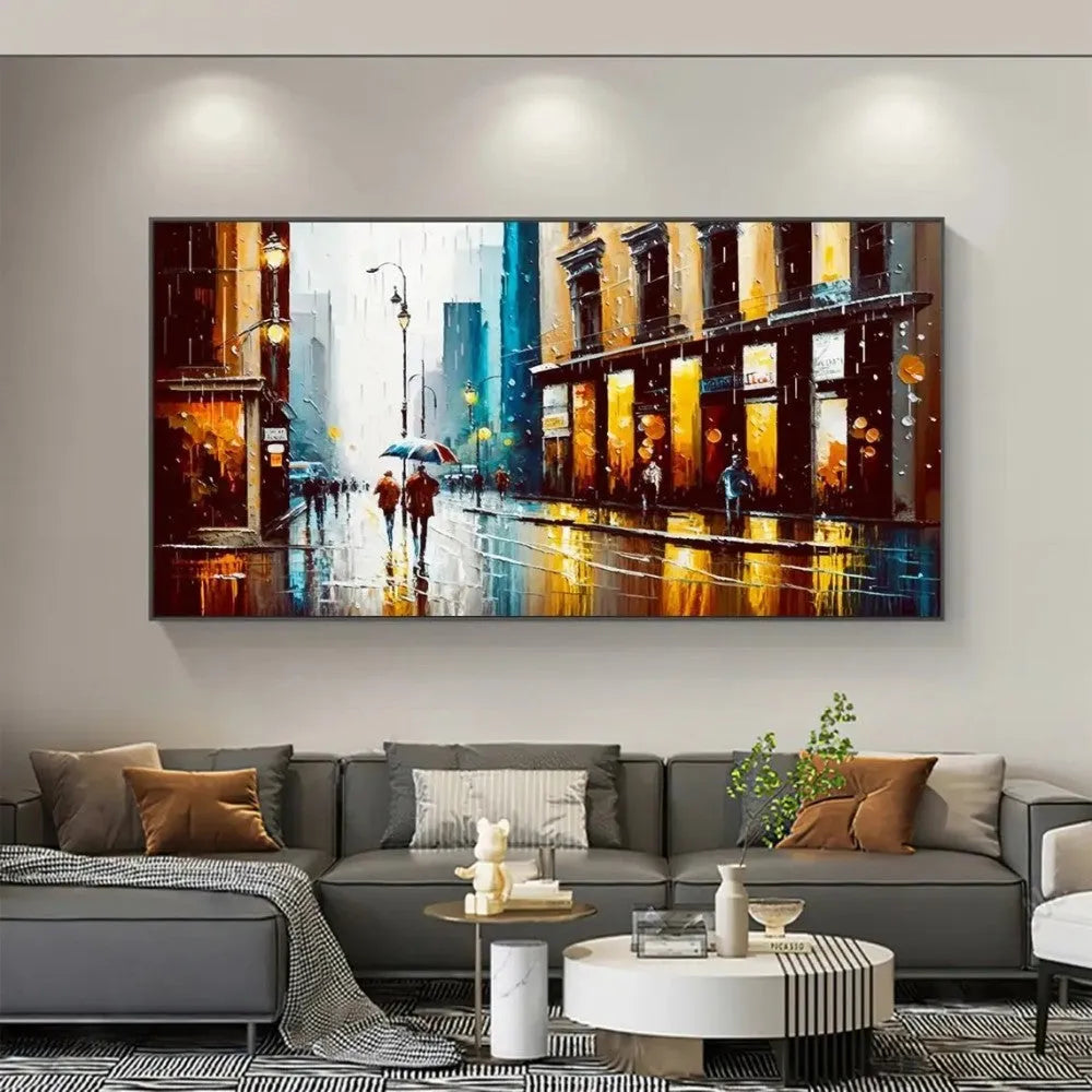 Handmade abstract urban architectural oil painting on canvas, horizontal framed-less rolled wall art for modern home decor