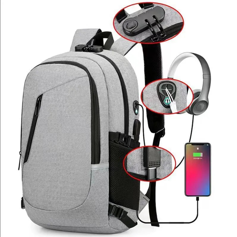 Grey computer backpack with wear-resistant Oxford cloth, 50x19x31cm size, and street trend style for leisure travel.
